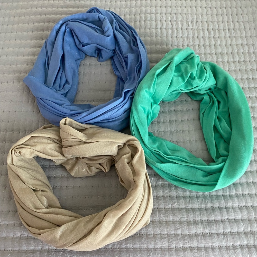 3 Beautiful Light Infinity Scarves. Light Blue, Kelly Green & Tan. Never Worn.
